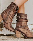 Reina Vintage Mid-Calf Boots with Buckle Detail