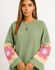 Flower Patchwork Raglan Sleeve Exposed Seam Oversized Top