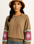 Flower Patchwork Raglan Sleeve Exposed Seam Oversized Top