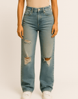 Washed Blue Retro Wide-Leg Jeans